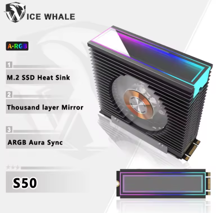 קירור SSD ‏M.2 NVMe ICE Whale S50 – אלומיניום מלא, שני מאווררים ו-ARGB